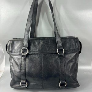 Mancini Black Leather Laptop Women's Shoulder Bag